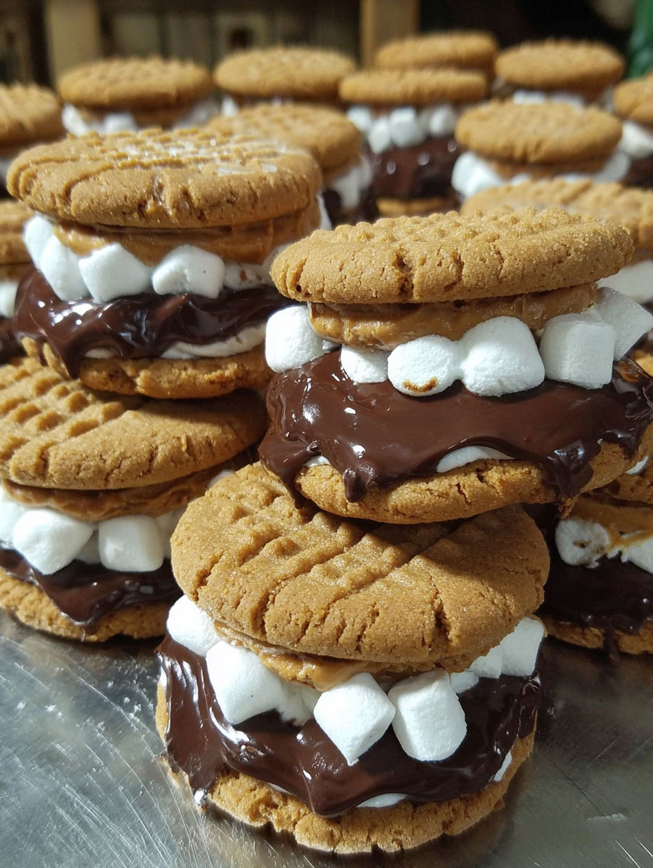A stack of cookies with chocolate and marshmallows on top.