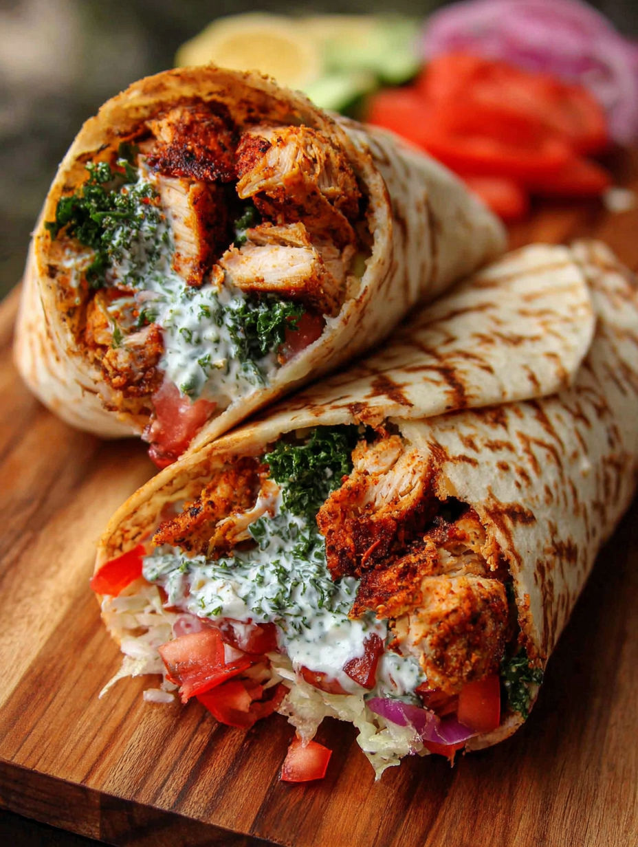 Two chicken wraps on a wooden table.