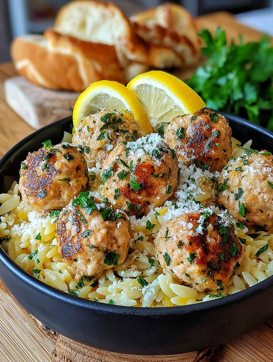 A bowl of Greek chicken meatballs with lemon orzo.