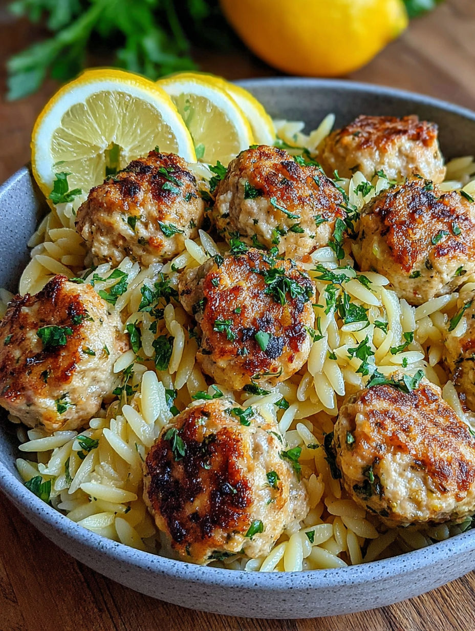 A bowl of Greek chicken meatballs with lemon orzo.