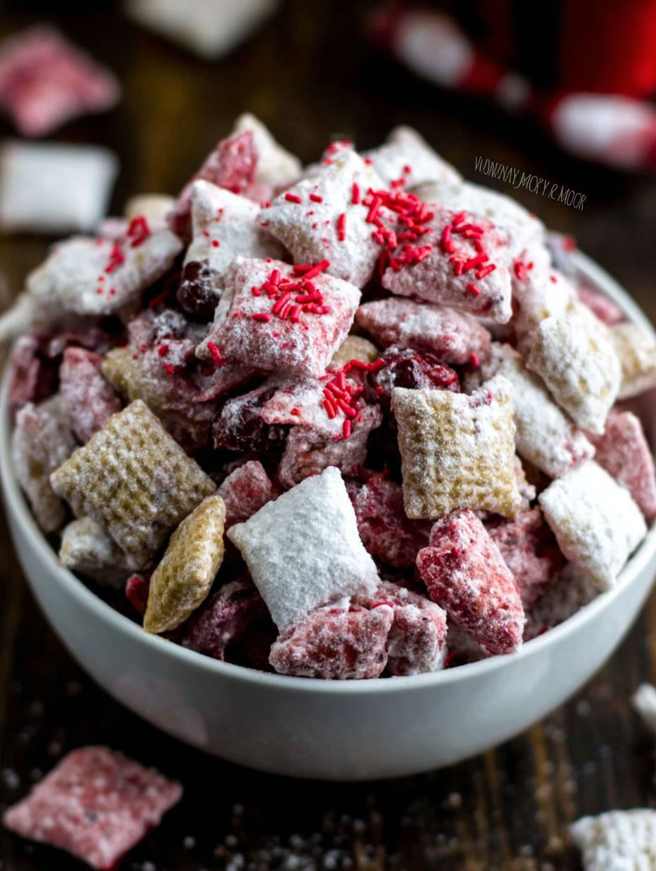 A bowl of cherry cheesecake puppy chow.