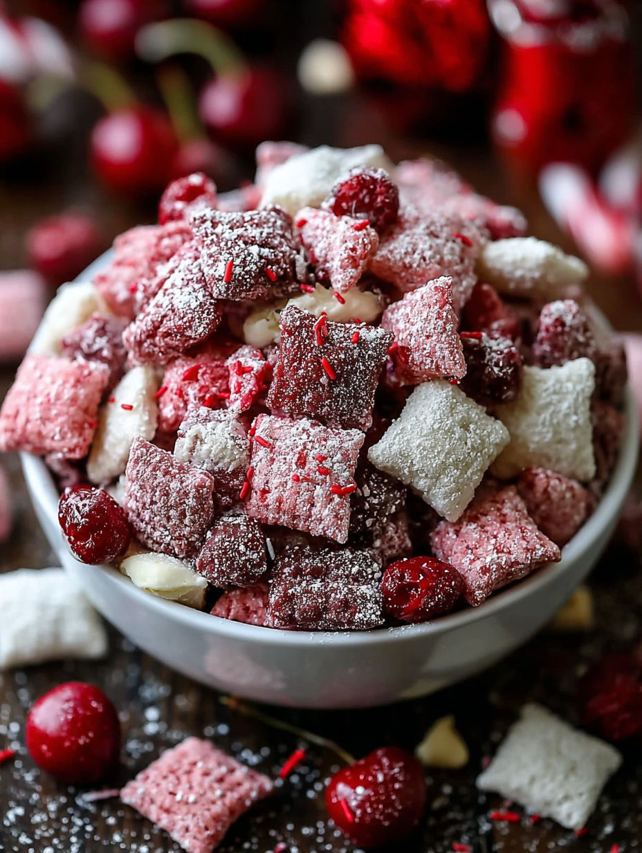 A bowl of cherry cheesecake puppy chow.