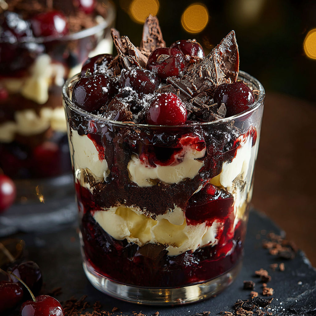 A glass of Black Forest Trifle for Christmas.