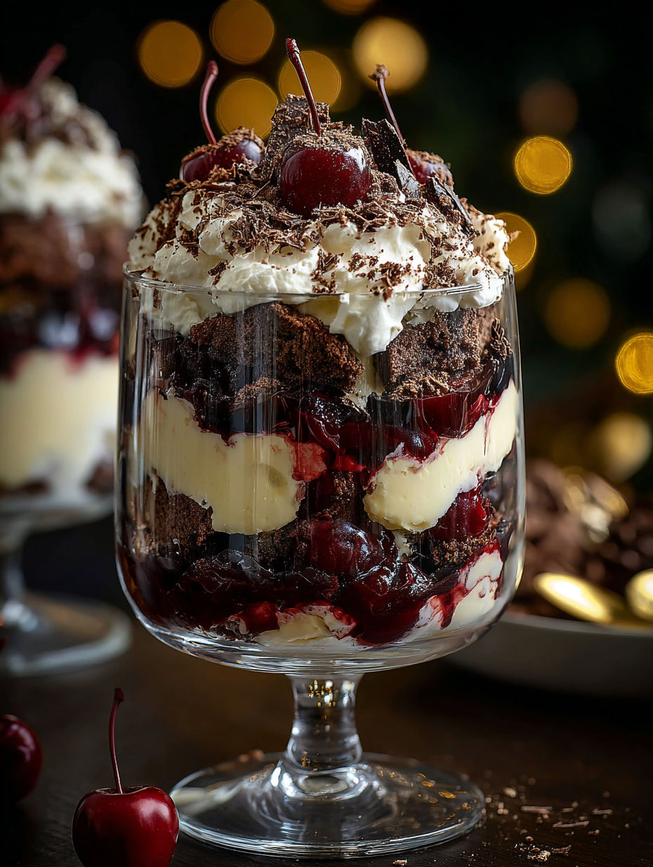 A dessert in a glass bowl with chocolate, whipped cream, cherries, and chocolate chips.