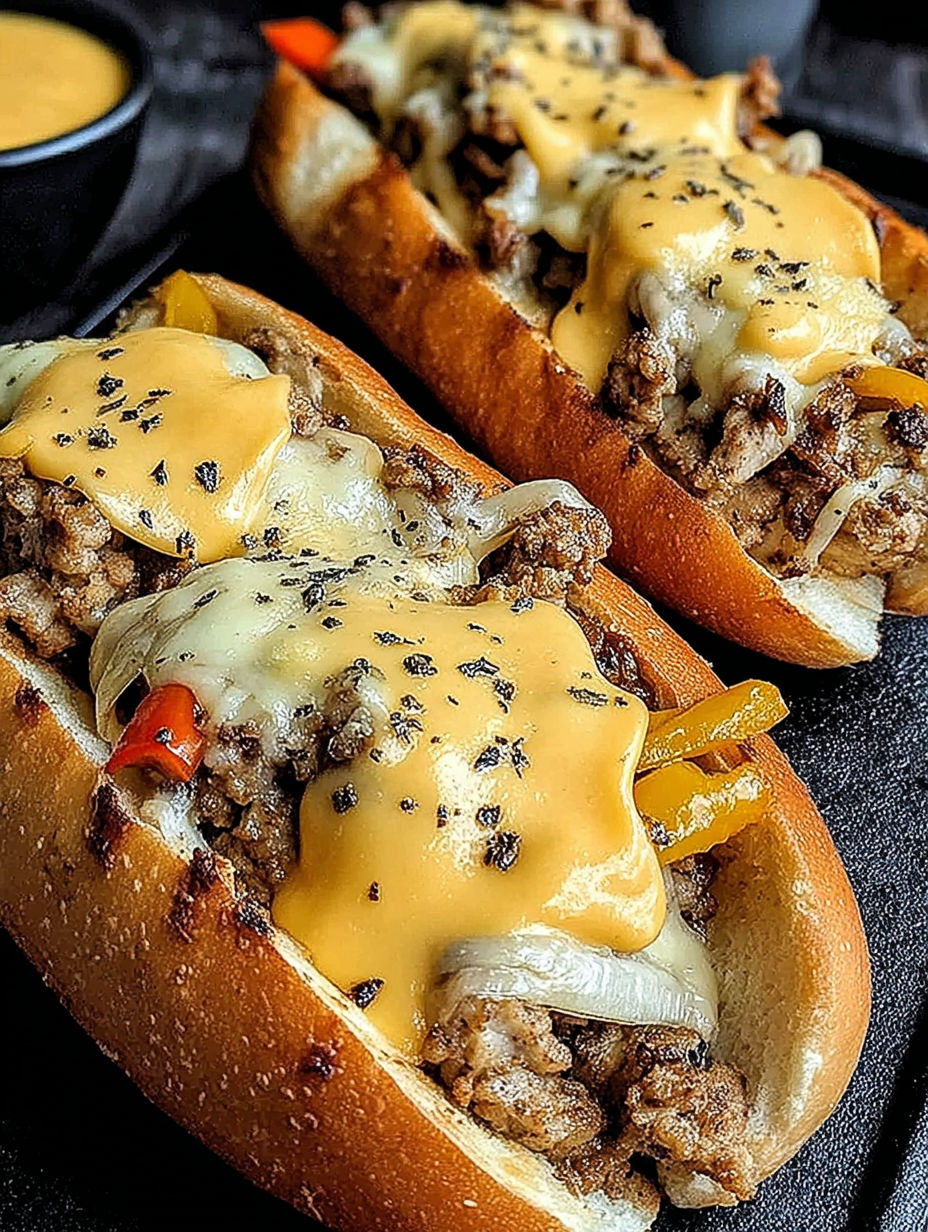 Two sandwiches with meat and cheese.