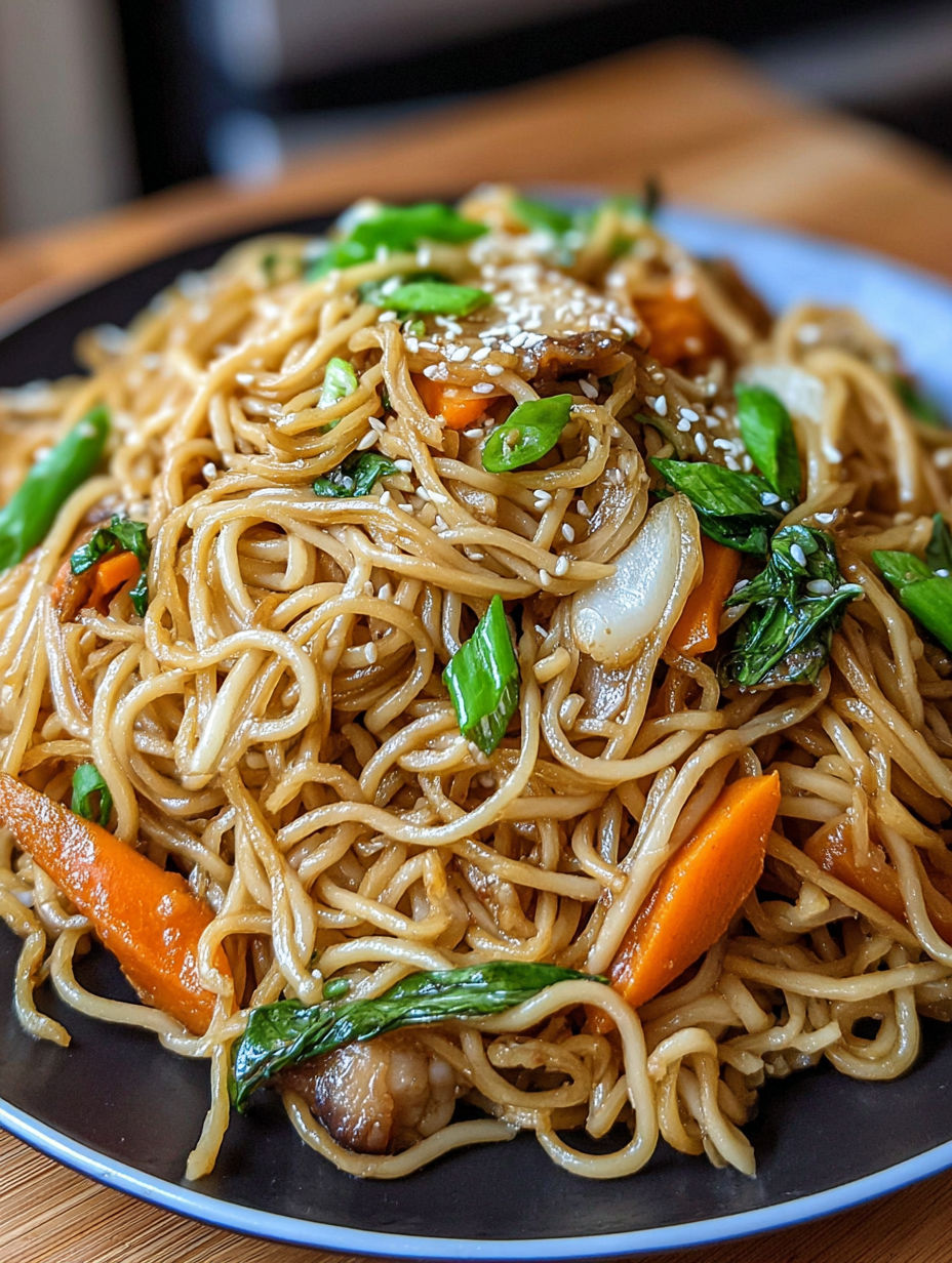 A plate of noodles with vegetables and meat.