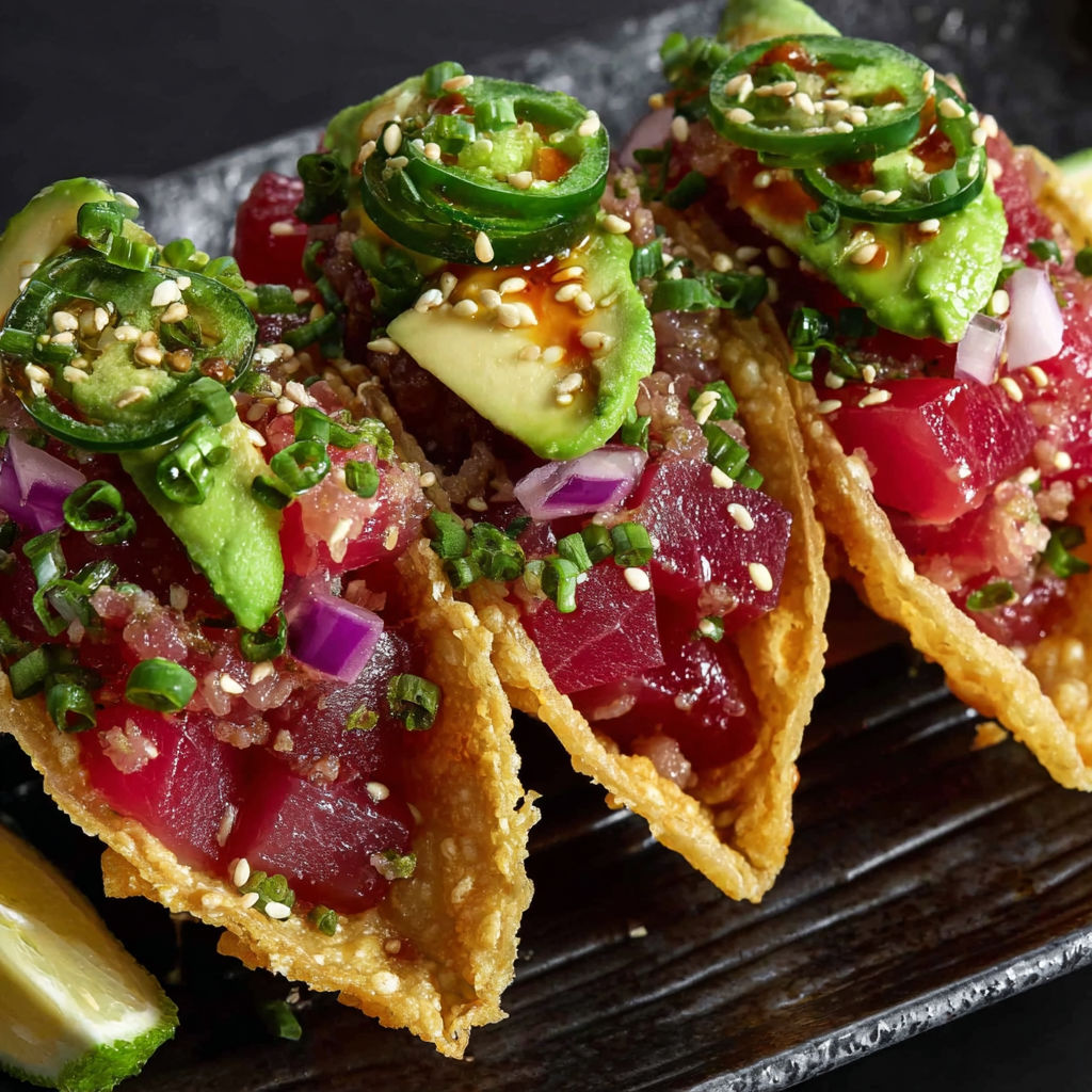 Spicy tuna tartare in a wonton taco.