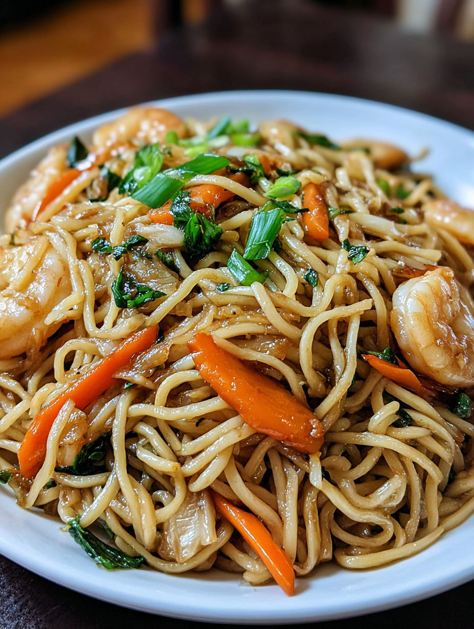 A bowl of noodles with vegetables and shrimp.