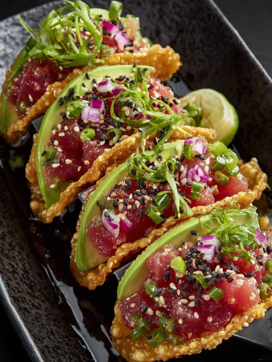 Spicy tuna tartare in a black bowl.