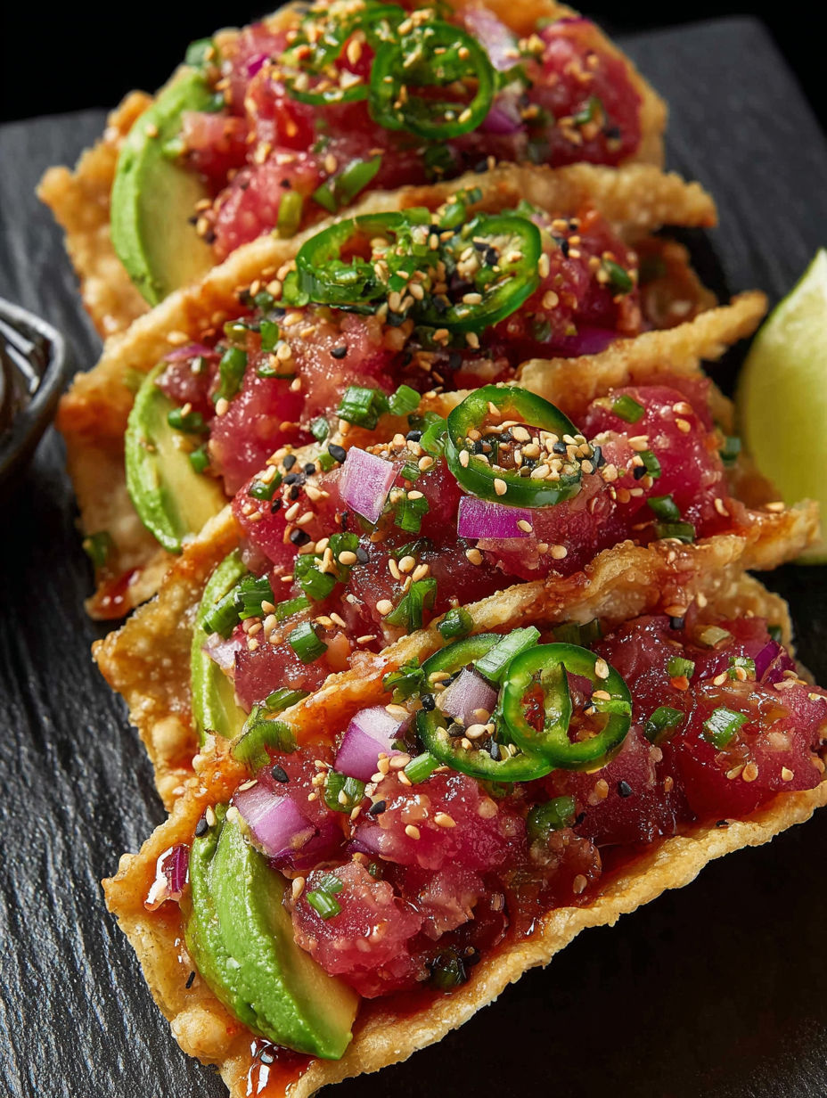 Spicy tuna tartare on a black table.