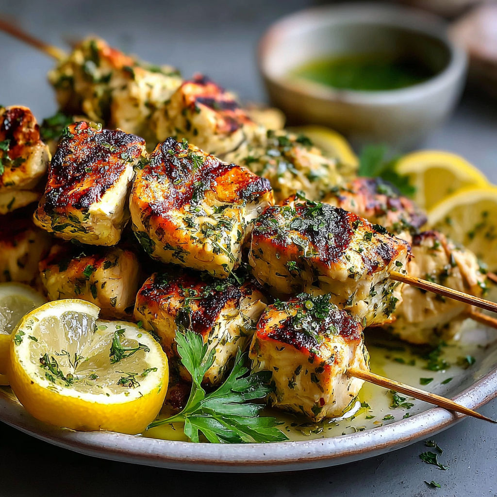A plate of grilled chicken skewers with lemon wedges.