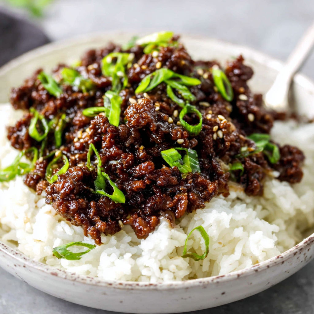 A bowl of ground beef bulgogi with rice.
