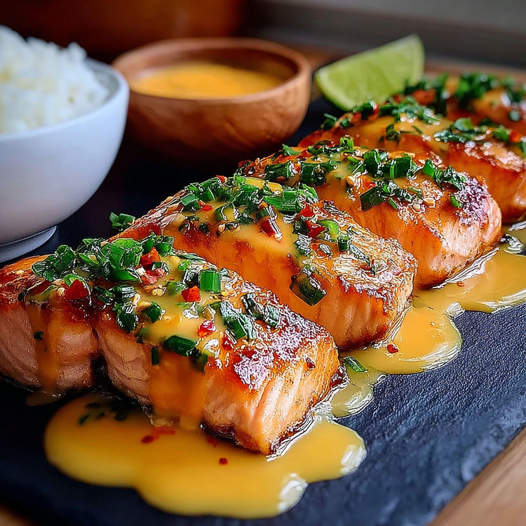 A plate of salmon with a sauce on it.