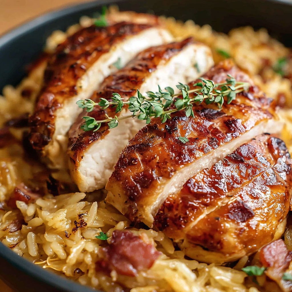 A plate of food with rice, chicken, and herbs.