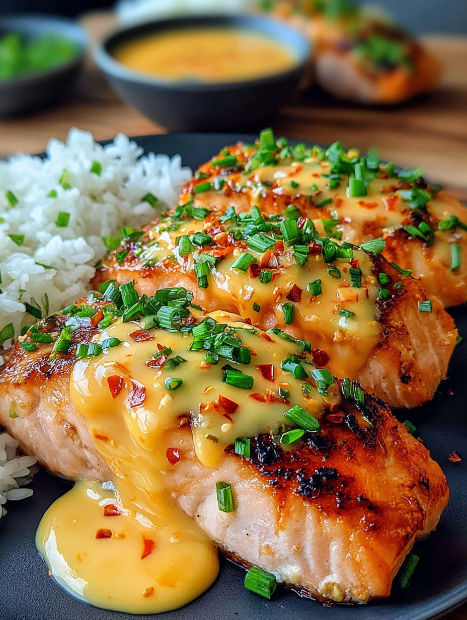 A plate of salmon with a sauce on top.