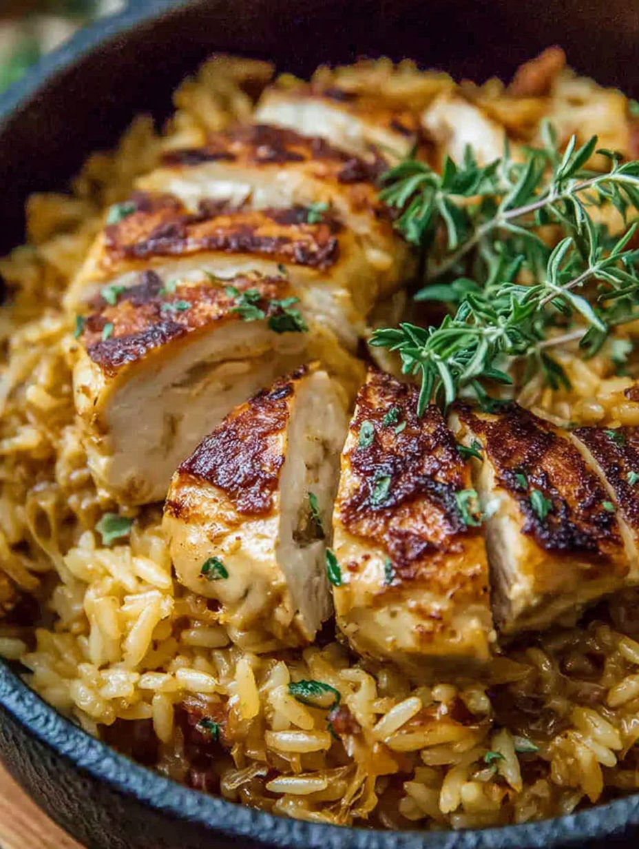 A bowl of rice with chicken and herbs.