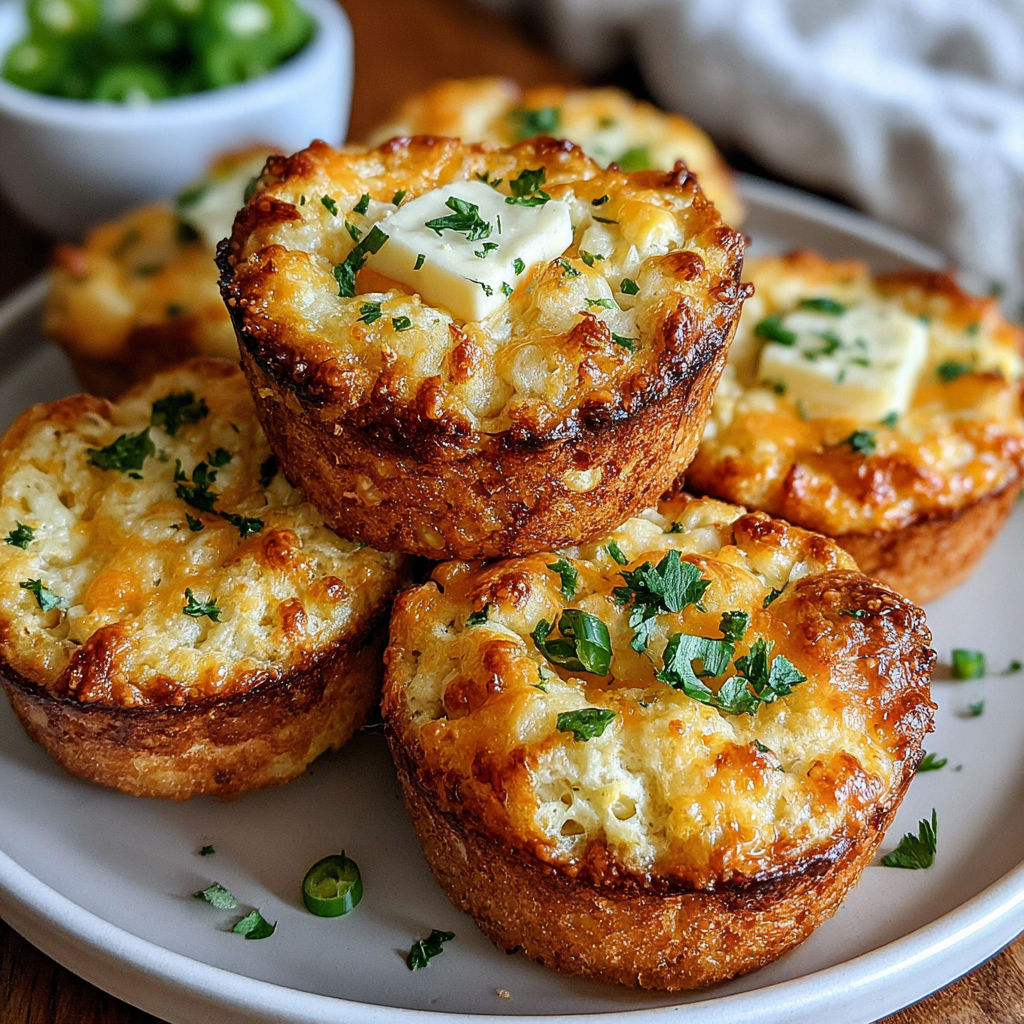 A plate of muffins with cheese and jalapenos.