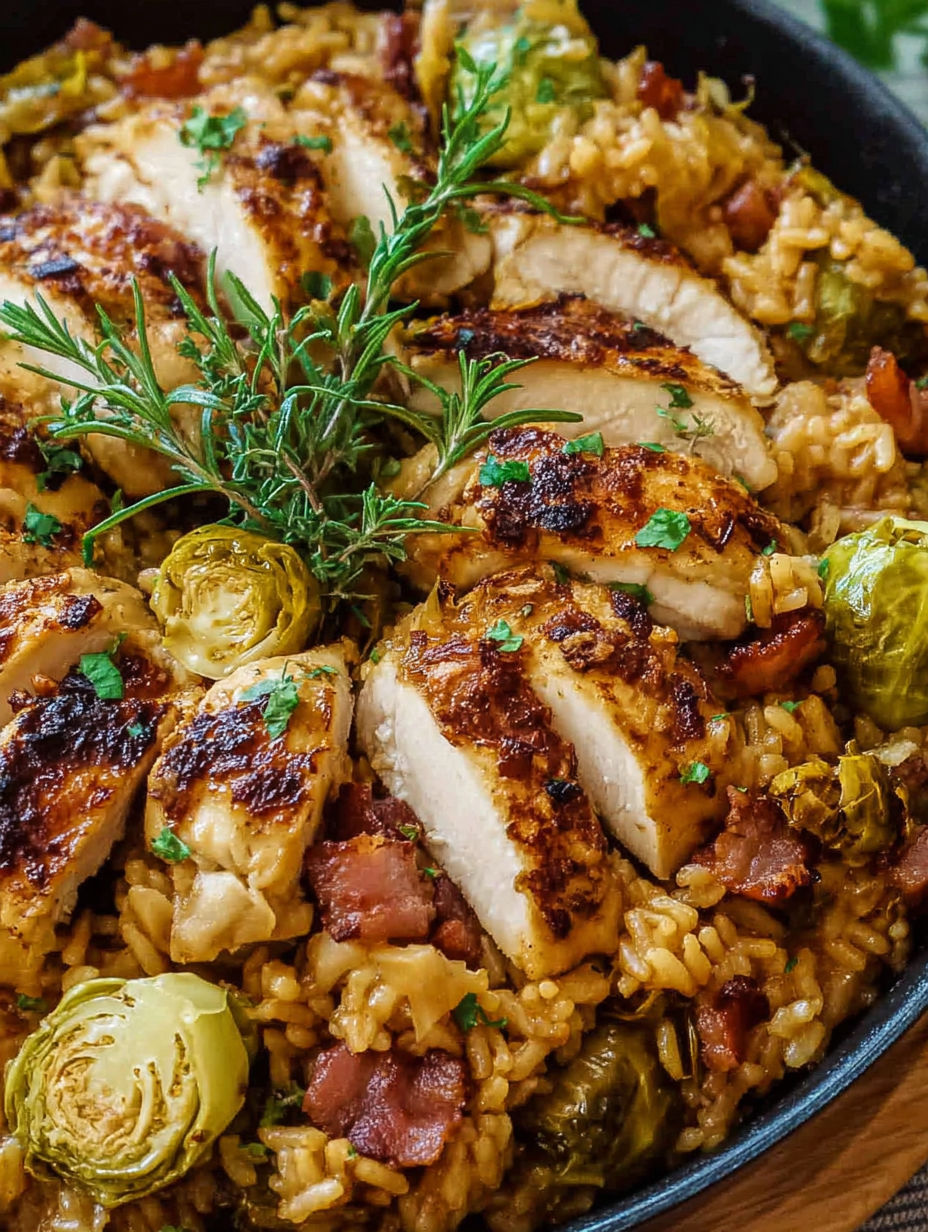 A dish of chicken and rice with a sprig of parsley on top.