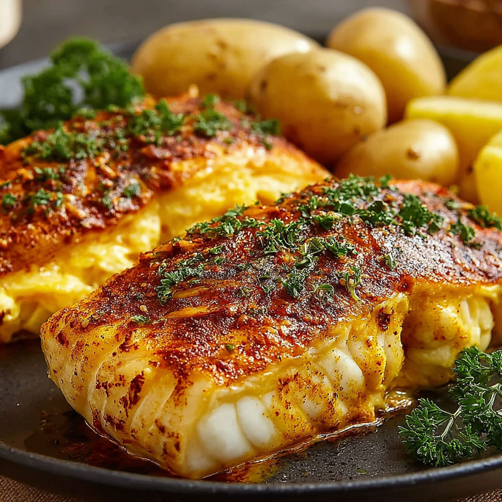 A plate of food with fish and potatoes.