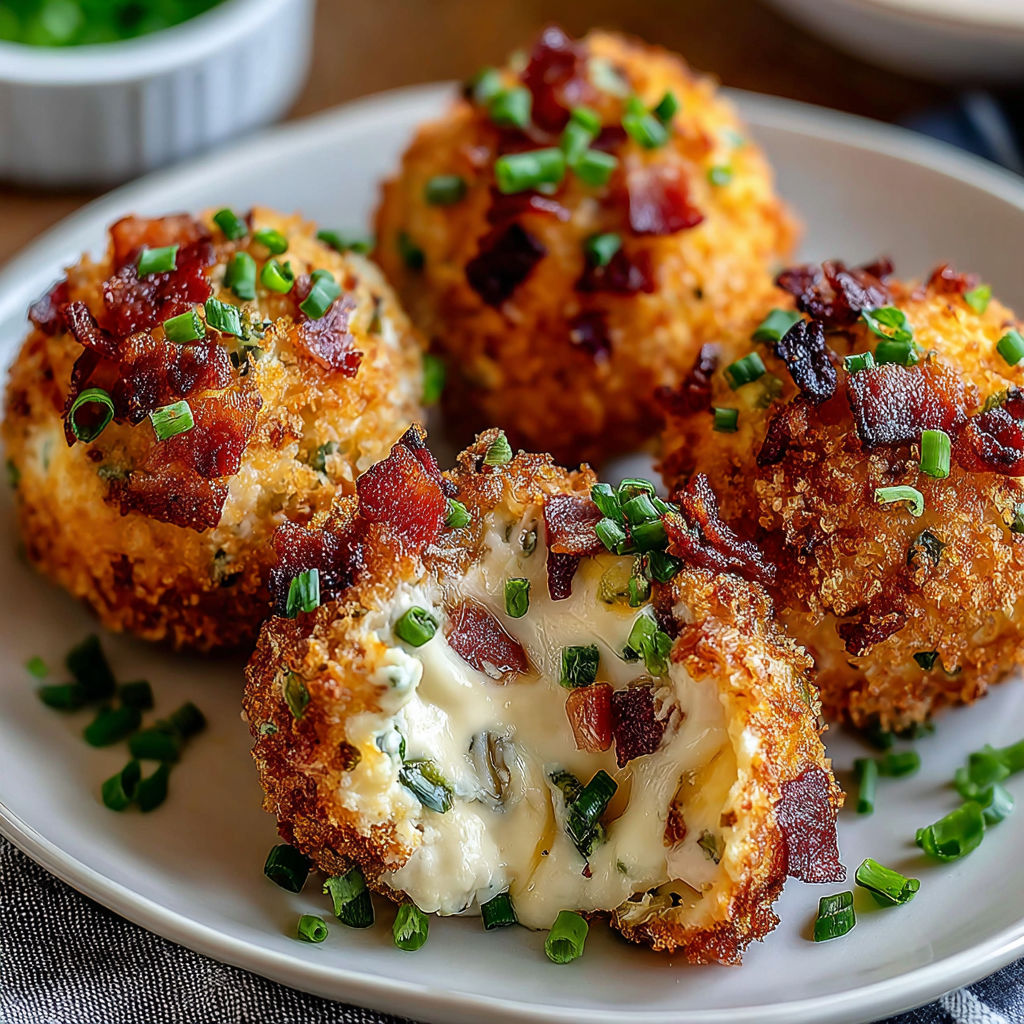 Four cheese balls with bacon and jalapenos on a plate.