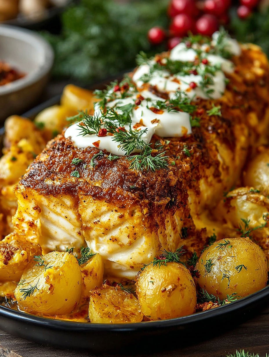 A dish of food with potatoes and fish.