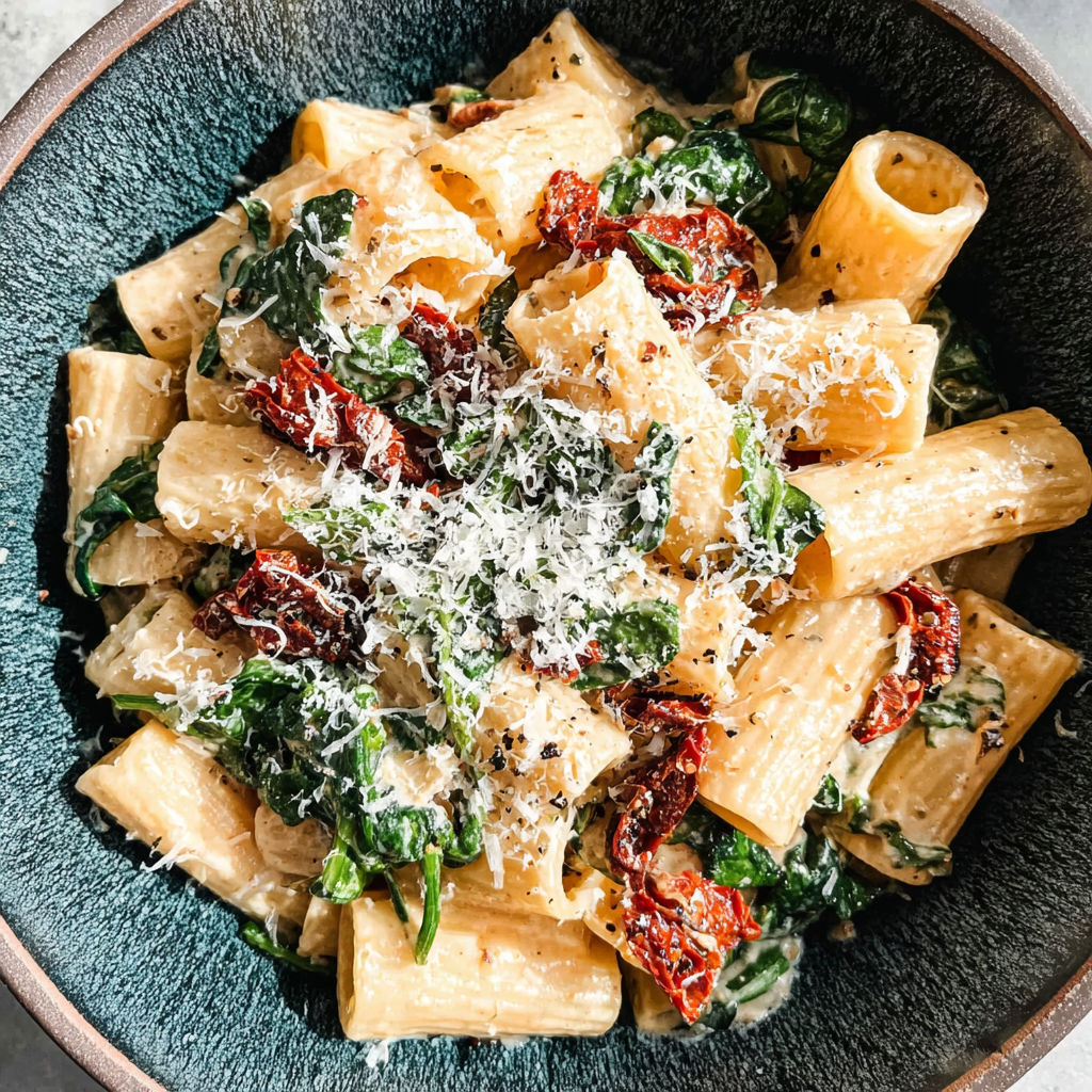 A bowl of pasta with sun-dried tomatoes and cheese.