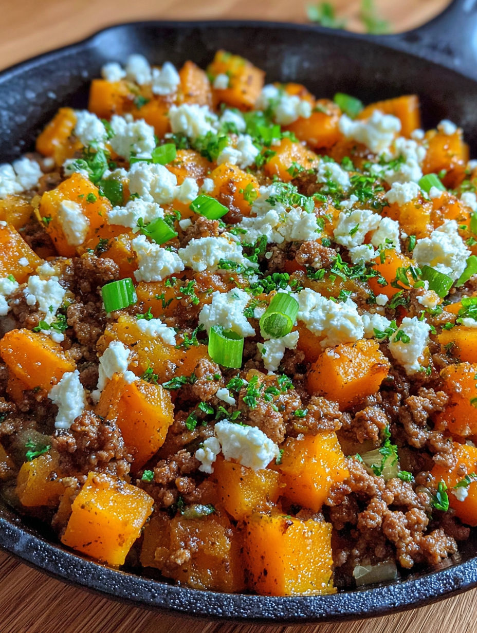A dish of meat and vegetables with feta cheese.