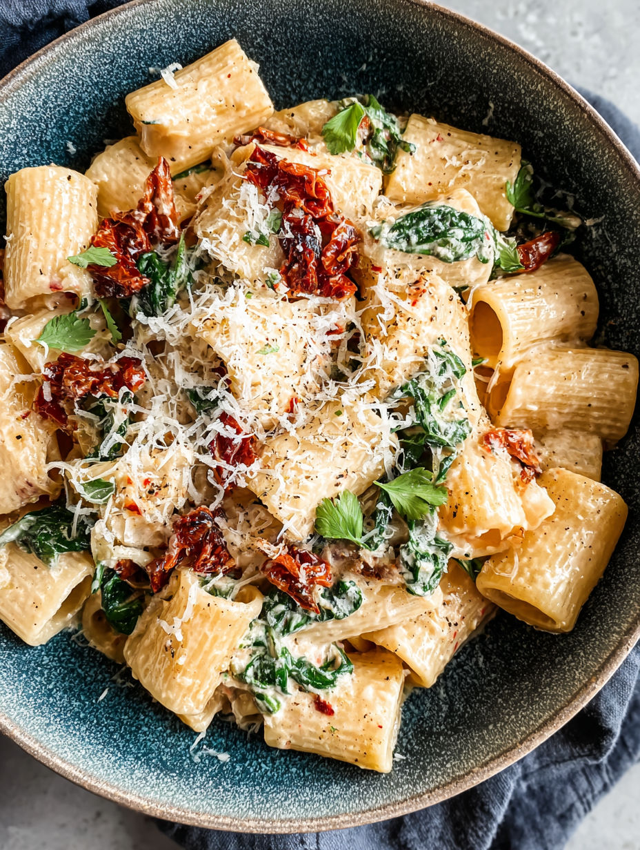 A bowl of pasta with tomatoes and cheese.