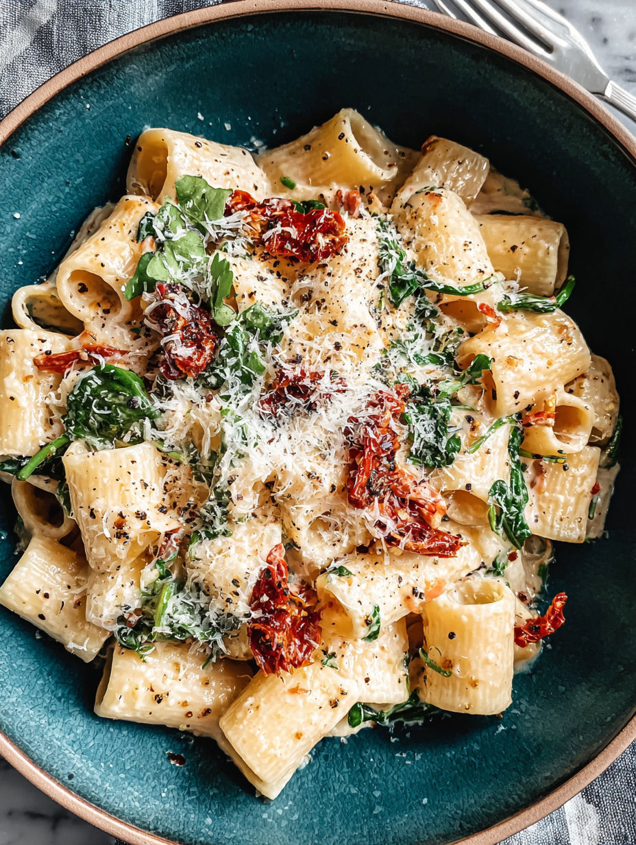 A bowl of pasta with cheese and tomatoes.