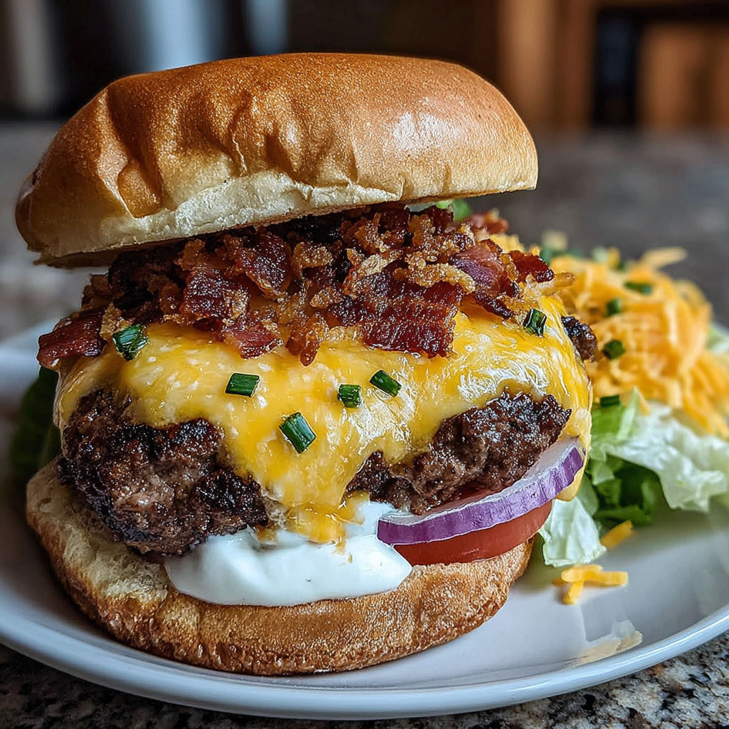 A burger with bacon and cheese on a bun.