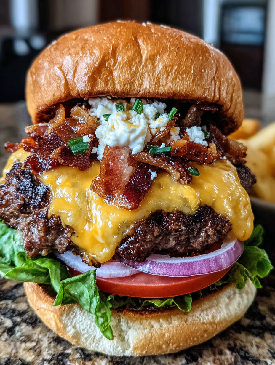 A close up of a burger with bacon and blue cheese.
