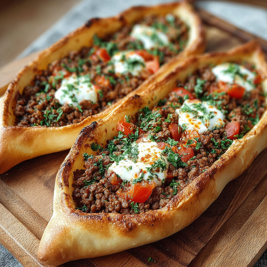 Two türkische pide with meat inside.
