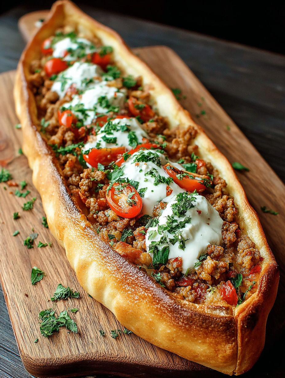A large sandwich with meat and tomatoes on a wooden board.