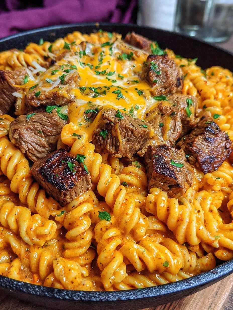 A delicious meal of steak and pasta.