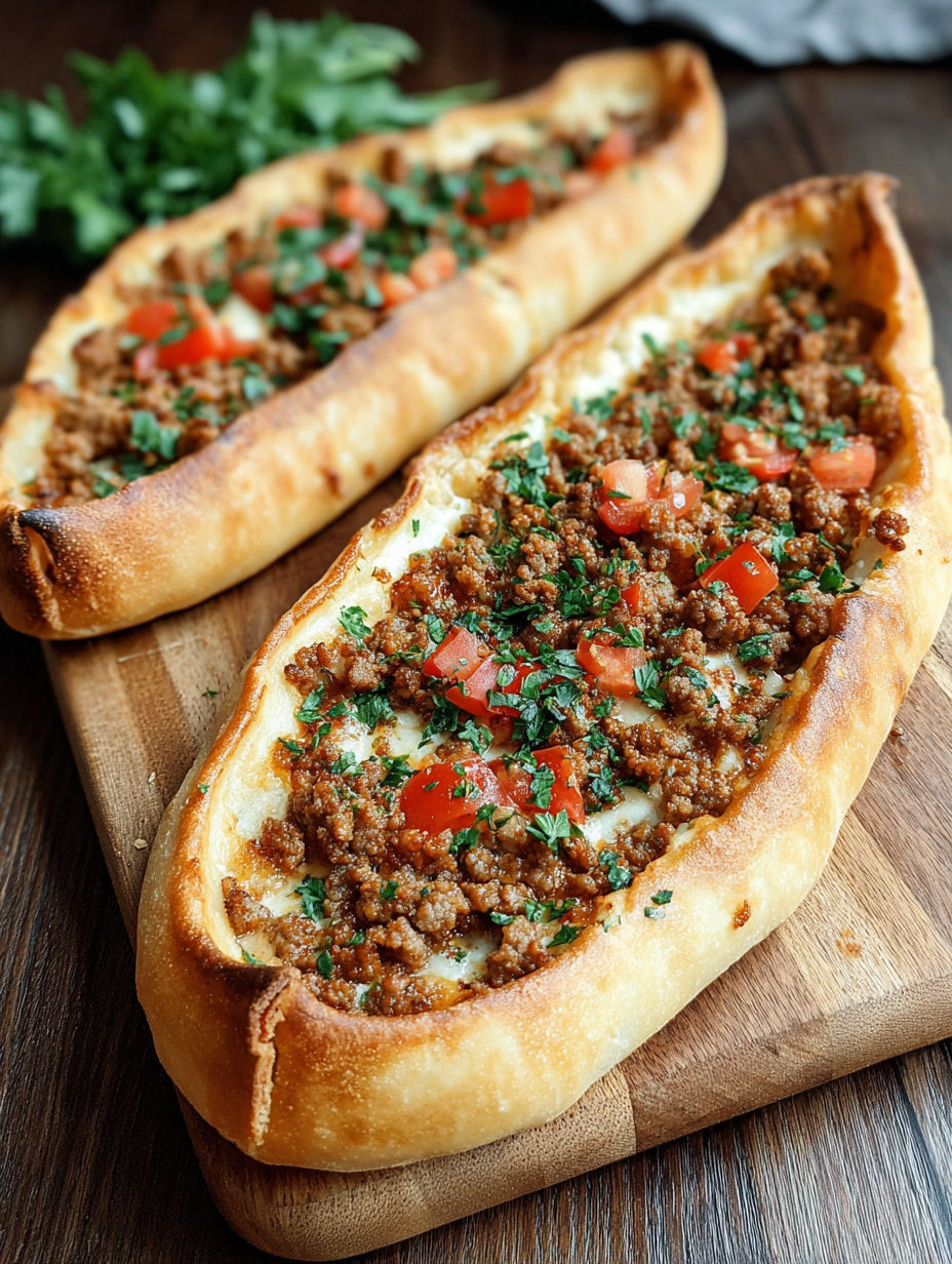 Two pieces of meat pizza on a wooden table.