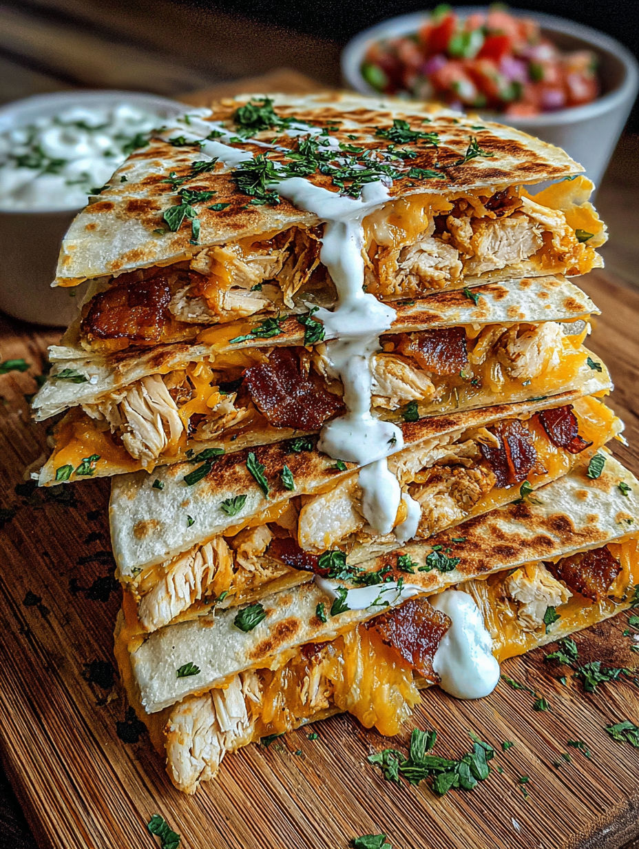 A stack of chicken enchiladas with white sauce.