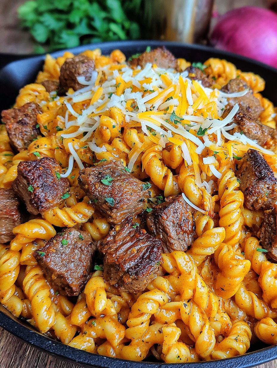 A delicious meal of steak and pasta.