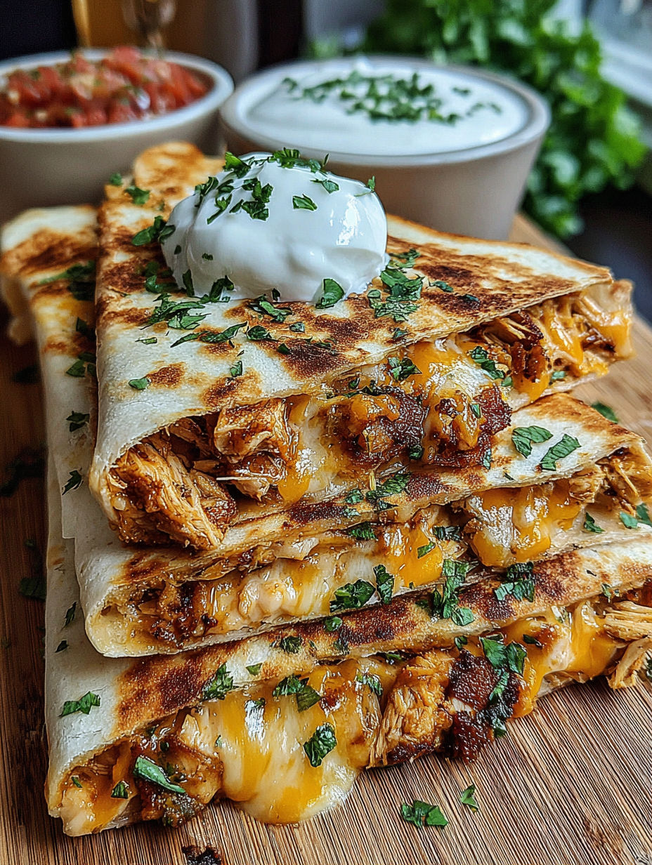 A stack of chicken sandwiches with white sauce on top.