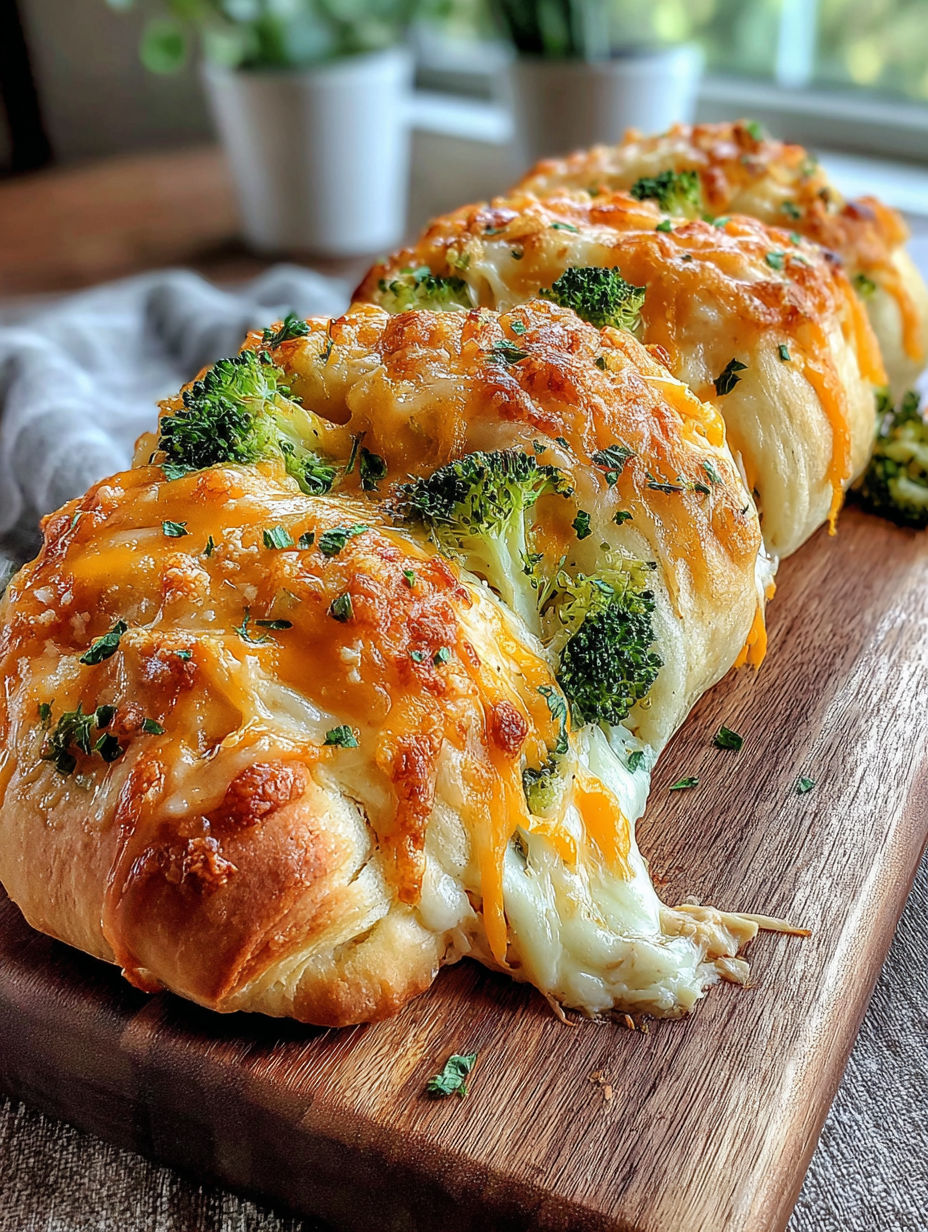 A cheesy bread with broccoli on a wooden board.