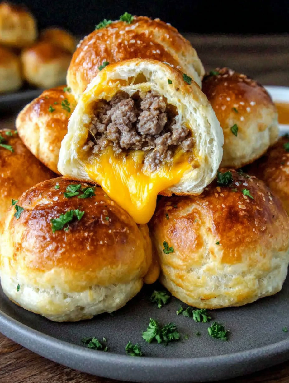 A plate of food with a pastry and meat in the center.