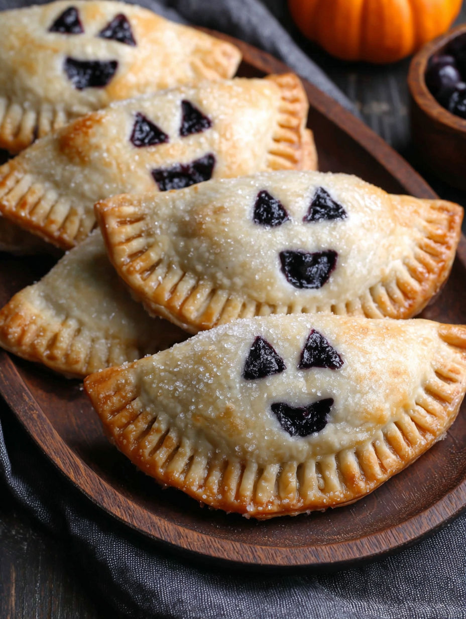 Three blueberry ghost hand pies on a wooden tray.