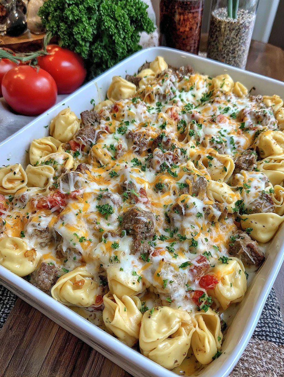 A dish of pasta with meat and cheese.