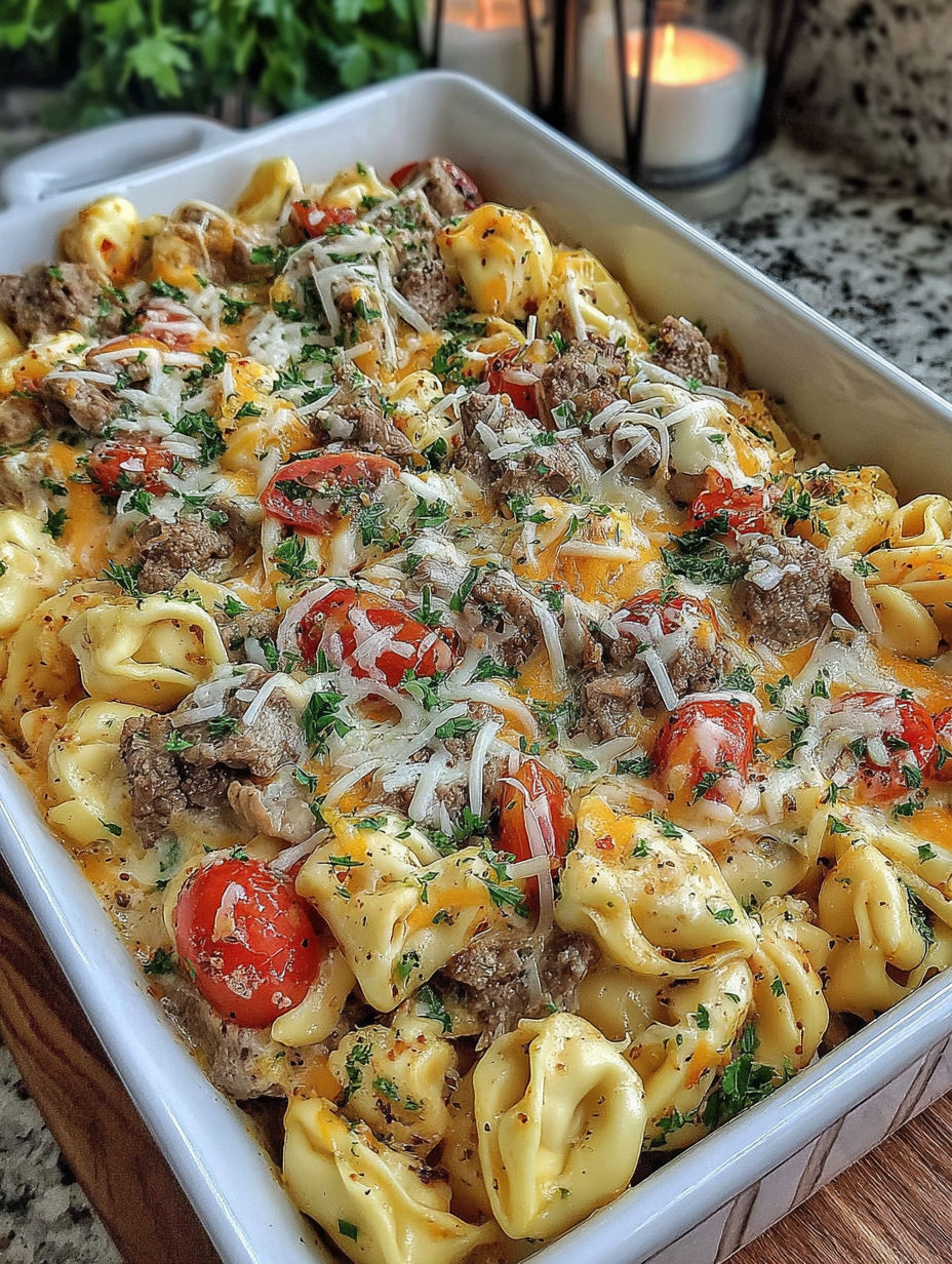 A dish of pasta with meat and tomatoes.
