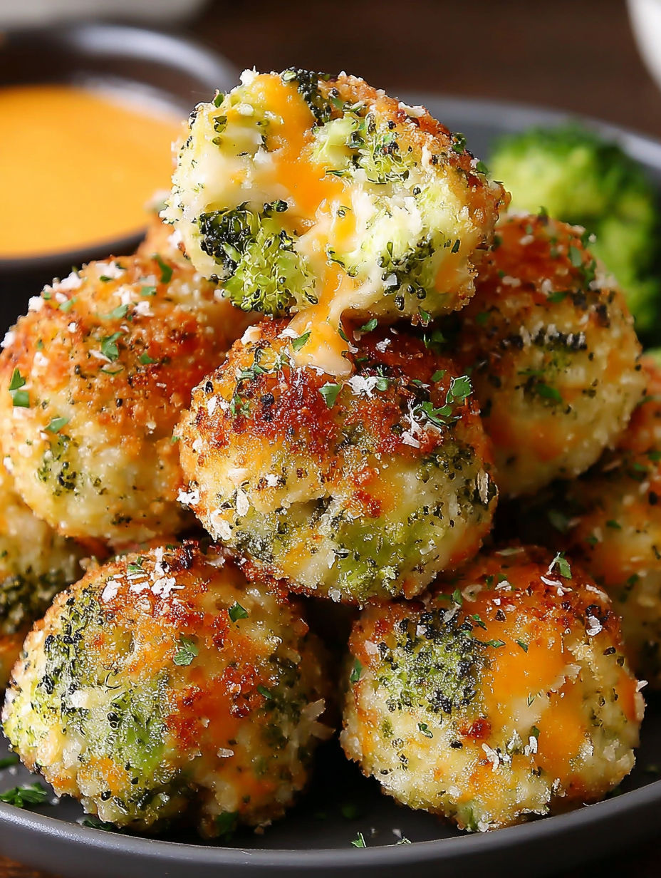 A stack of cheese and broccoli balls.