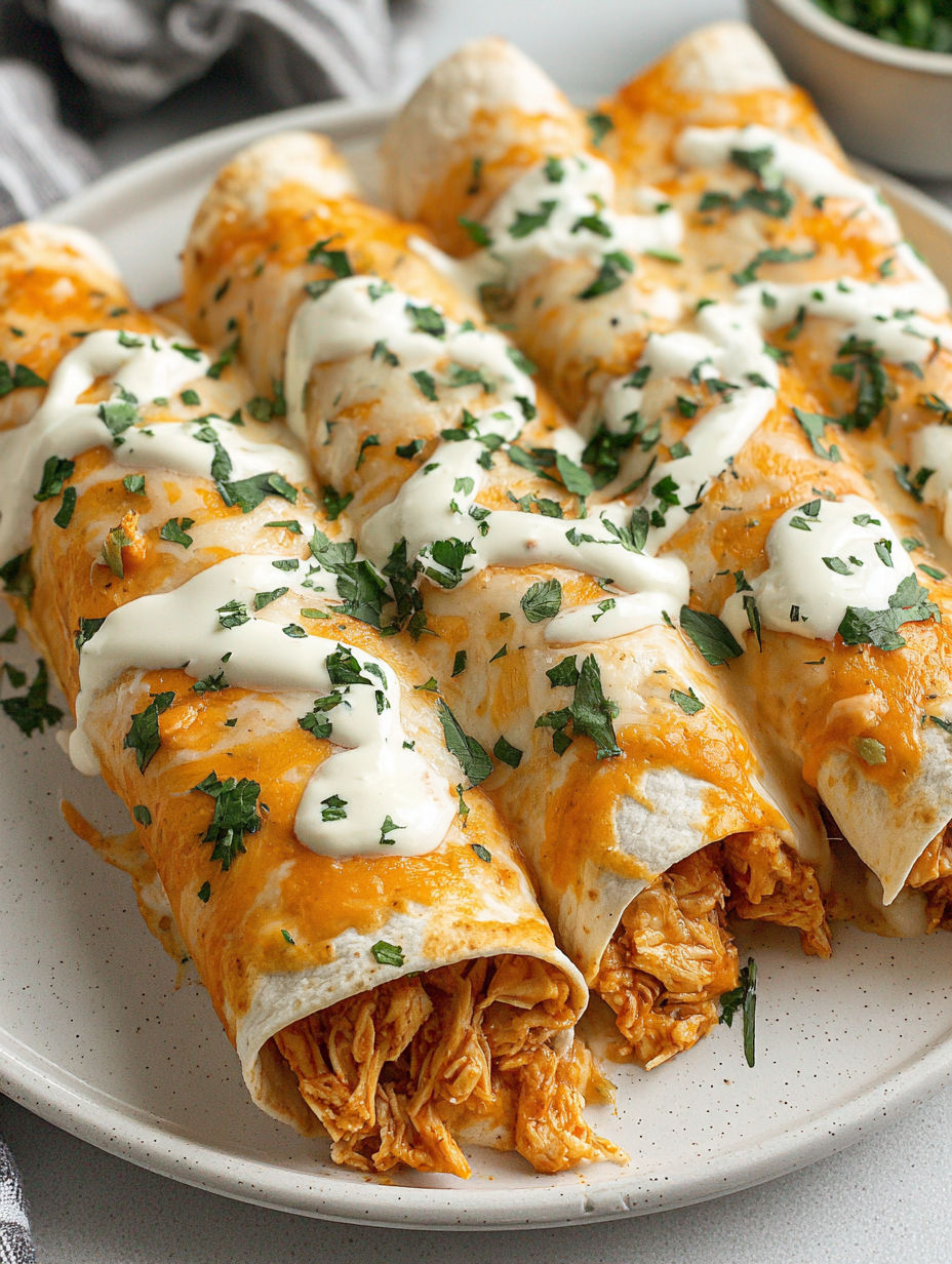 A plate of zerrissene Hähnchen-Enchiladas mit Käse-Sahnesauce.