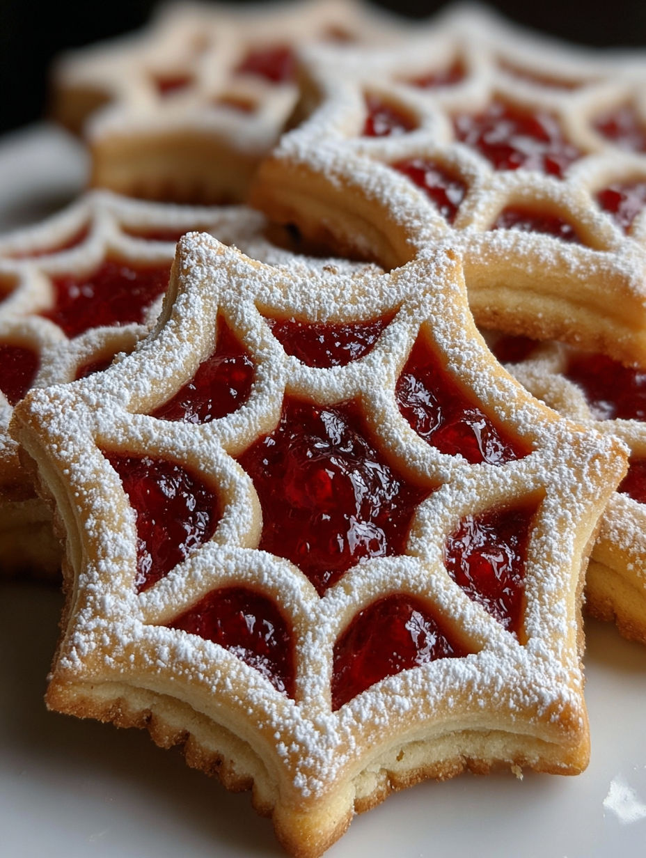 A close up of a cookie with jelly and powdered sugar.