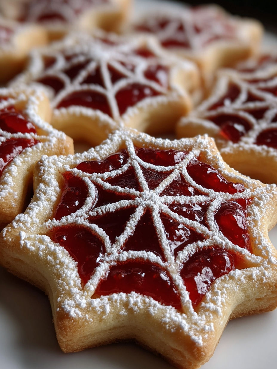 A plate of cookies with a spider web design.