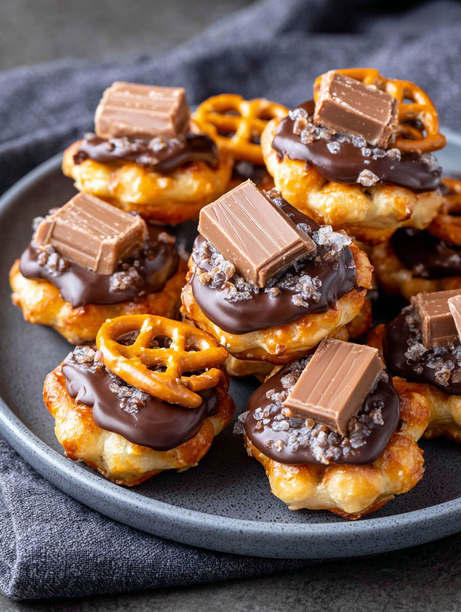 A plate of chocolate covered pretzel bites.