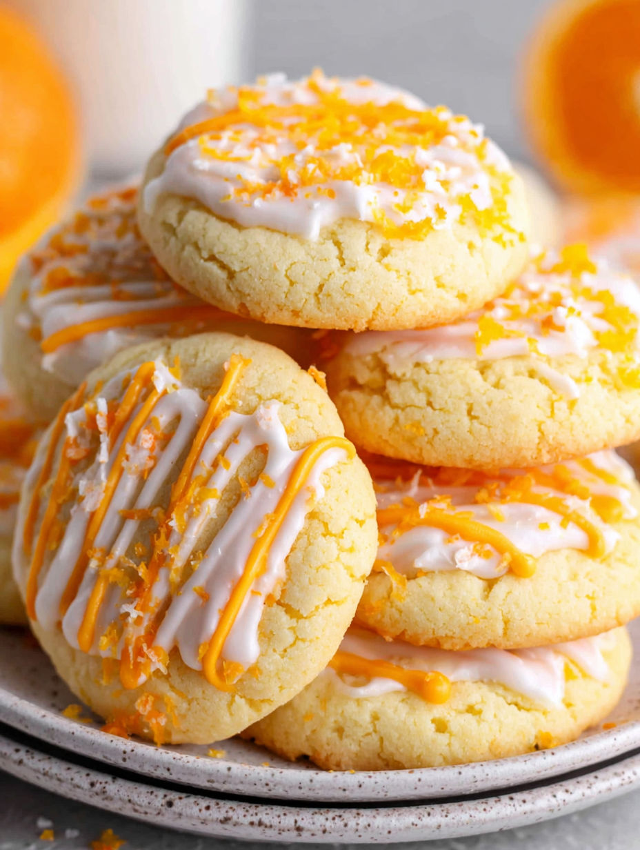A stack of cookies with orange icing.