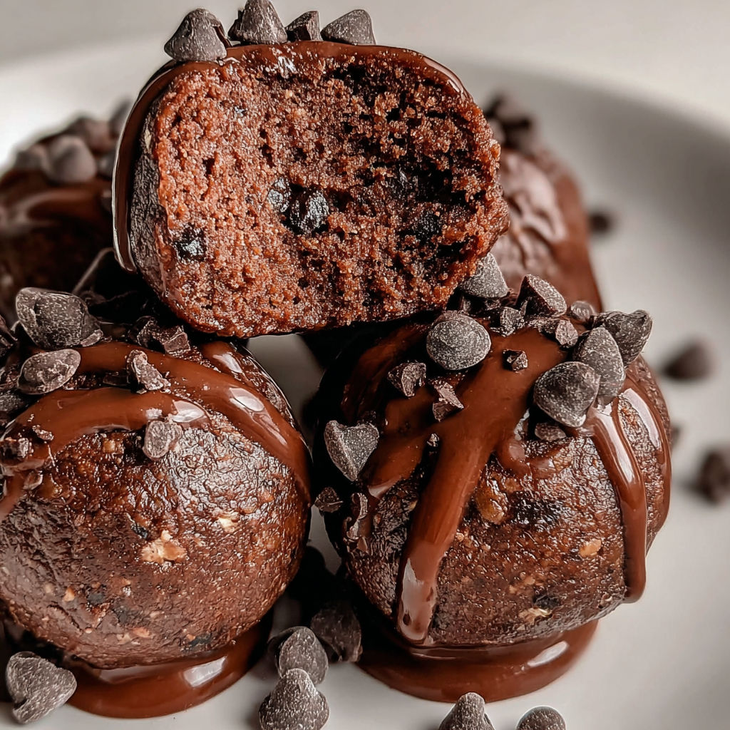 Chocolate protein balls with chocolate drizzle.